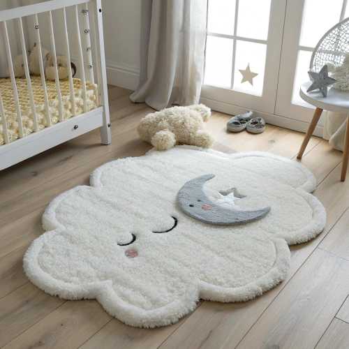 Hand Tufted Cloud Moon Rug: Nursery Bedroom Wool Area Carpet For Kids Home Decor