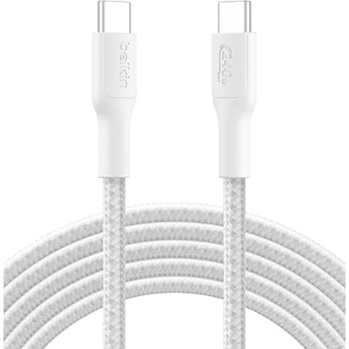 Belkin Eco Braided USB-C to USB-C Cable (3M, 240W) - Soft, Flexible Fast-Charging Cable, Type C Charger Cord for iPhone 16, Galaxy S25, Pixel 9, MacBook, iPad Pro, & More - White USB 2.0