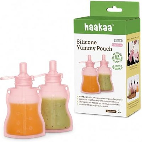 haakaa Silicone Yummy Pouch 4.5 oz – Reusable Silicone Snack & Smoothie Pouch, Refillable, Leak-Resistant, Dishwasher Safe, Eco-Friendly Food Storage for Babies Kids & Toddlers (2-PK, Strawberry)