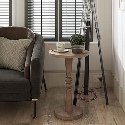 Pedestal Small Drinking Table, Farmhouse Tray Top End Table, Distressed Finish, Wood Color