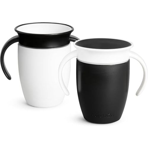 Munchkin Miracle 360 Sippy Cup for 6 Month Old, Spill Proof Baby and Toddler Cups with Transition Handles, 7 Ounce, 2 Pack, Black/White
