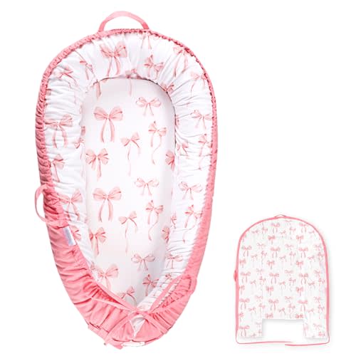 Baby Lounger Replaceable Cover, 100% Cotton Newborn Nest Backup Cover for Ultimate Comfort, Soft & Breathable Quality Spare Cover, Pink Bow(Cover Only)
