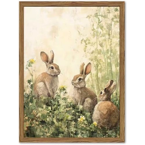 Framed Vintage Rabbit Wall Art, Cute Easter Bunny Pictures Wall Decor, Cottagecore Farmhouse Animal Paintings Canvas Prints Spring Rustic Home Decor for Living Room Nursery Bedroom 16x24 inch