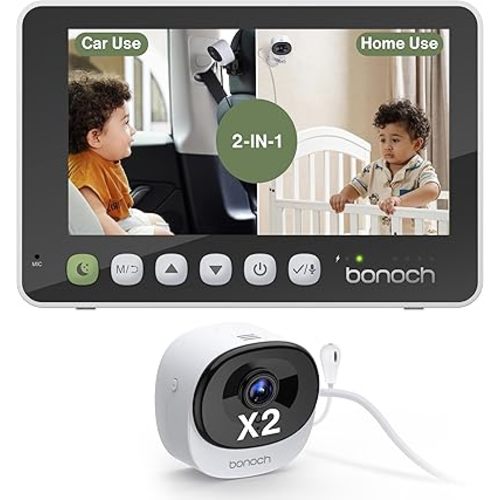 bonoch 2-in-1 Car Home Dual-Use Baby Monitor, 5" 1080P HD Clear View Wireless Monitor, 2 USB Powered Cameras for Baby, Seamless Transition Between Car & Home, 360° Rotatable, Night Vision