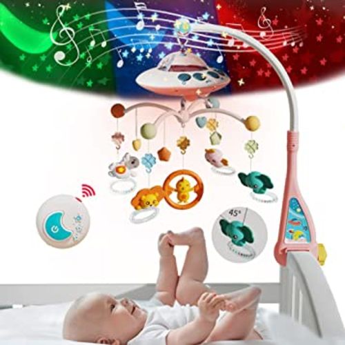 Baby Musical Crib Mobile with Night Lights and Relaxing Music,Hanging Rotating Animals Rattles,Stars Projection,Remote Control,for Boy Girl Newborn Baby Toys(Pink)
