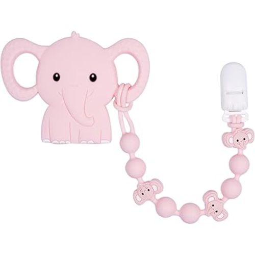 Cute Animal Baby Food Grade Silicone Teether Toy with One Piece Design Pacifier Clip Holder,Teething Pain Relief Toys Gift Set for 3 Months+ Boys and Girls,Freezer Safe,BPA Free (Elephant)
