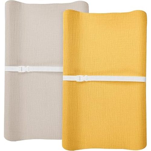 Changing Pad Cover for Baby Boy Girl 2 Pack, Muslin Changing Table Pad Covers with Boho Style, Neutral Nursery Bedding Essentials Soft and Breathable(Beige & Mustard Yellow)