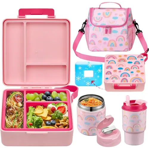 Bento Lunch Box for Kids with 17oz Soup Thermo,Insulated Tumbler Water Bottle and Insulated Lunch Bag,Leak-Proof 3 Compartment Lunch Food Container with Ice Pack for Kids to School-Rainbow