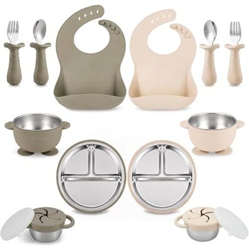 PandaEar 12-Piece Stainless Steel Baby Feeding Set with Plates and Bowls