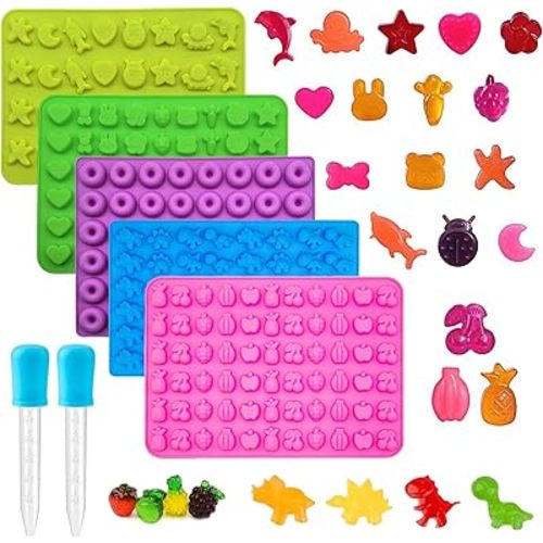 Gummy Candy Molds - Silicone Gummy Dinosaur/Marine Animal/Donut/Small Hearts Shapes/Fruit Snack Mold with 2pcs Dropper,Non-stick and Bpa Free for Mini Candy Chocolate Gummies Baking