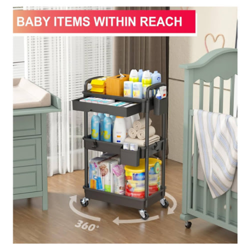 Goovilla 3 Tier Rolling Utility Cart Organizer with Removable Drawer, Stable and Sturdy Black Rolling Storage Carts with 2 Lockable Wheels for Bathroom, Kitchen, Snack, Craft, Makeup, Baby Essentials