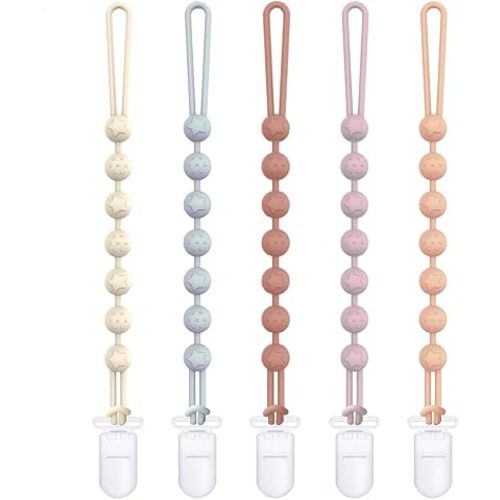 Cuddle Campus Silicone Pacifier Clip Holder with One Piece Design,Soft Flexible Binky Clips with Texture for Baby Boy and Girl Pack of 5 Plastic Clip (0-6m)