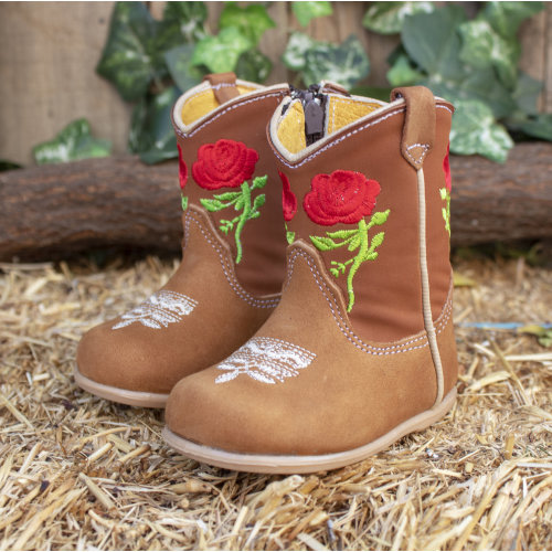 Girls BABY EMBROIDERED ROSE round toe leather cowgirl cowboy boots