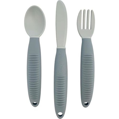 BUSY BABY Eating Utensils for Babies & Toddlers | Fork, Spoon, & Knife | Food-Grade Silicone & Tritan Plastic | Dishwasher Safe, BPA Free (Pewter)