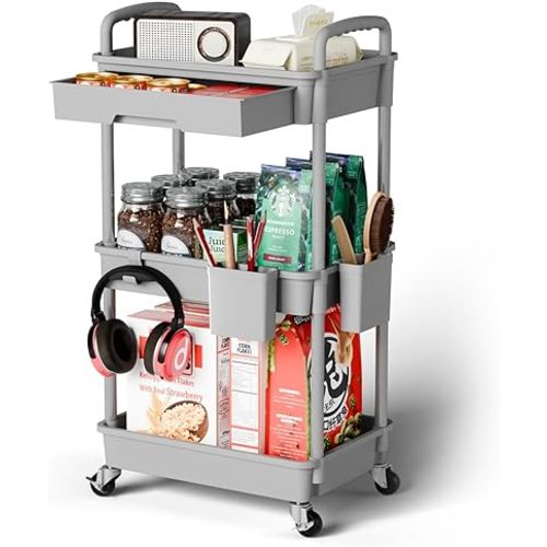 Sorgion 3 Tier Rolling Cart Organizer,Laundry Room Bathroom Organizers and Storage Office Shelves Mobile Shelving Unit Kitchen Trolley Cart with Wheels for Art,Craft,Diaper,Bedside,Snack(Grey)