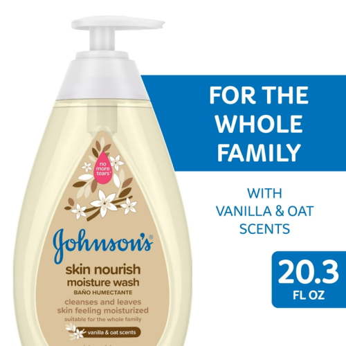Johnson's Skin Nourish Moisture Soap and Bath Body Wash for Baby and Toddler, Vanilla and Oat, 20.3 oz