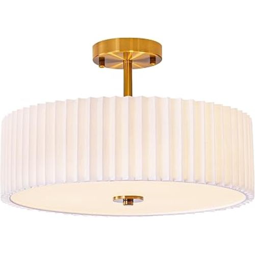 Bargeni 16.5 Inch Semi Flush Mount Ceiling Light Fixture,Gold Finish with Pleated Fabric Shade,3-Light Flush Mount Ceiling Light,Modern Light Fixtures Ceiling Mount for Bedroom,Hallway,Nursery Room