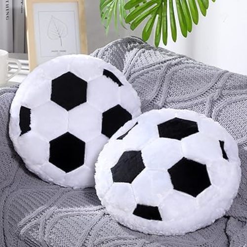 Jetec 2 Pcs Soccer Pillow Fluffy Soft Throw Cute Soccer Shaped Sports Decoration Round Plush Sport Theme Cushion Stuffed Pillow for Bedroom Decoration