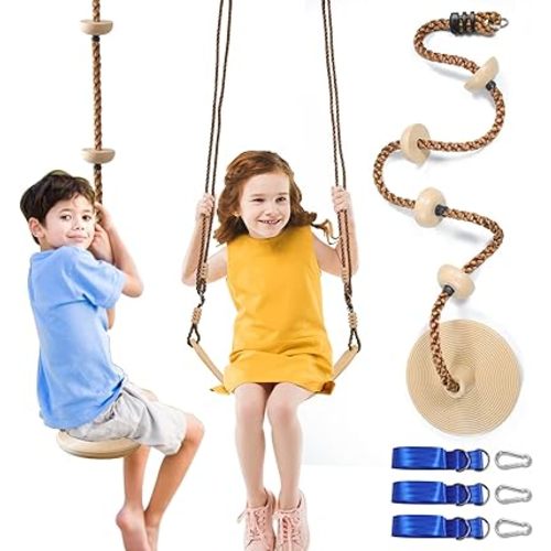 Tree Swing Climbing Rope 2 Pack Multicolor with Platforms Red Disc Swings Seat - Outdoor Playground Set Accessories Tree House Flying Saucer Outside Toys - Bonus Carabiner and 4 Feet Strap (Khaki)