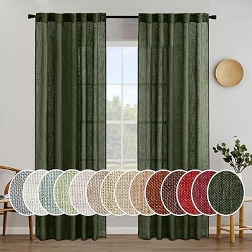 MIULEE Olive Green Linen Curtains 84 Inch Length for Bedroom Living Room, Soft Thick Linen Textured Window Drapes Semi Sheer Light Filtering Back Tab Rod Pocket Burlap Look Christmas Decor, 2 Panels
