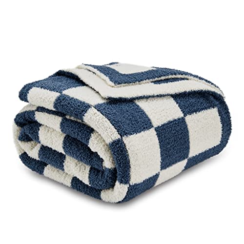 CozeCube Super Soft Fullfy Microfiber Reversible Knitted Blankets, Warm Cozy Fuzzy Plush Throw, Dusty Blue and White Checkered Throw Blanket for Couch Bed Sofa, 50" x 60"