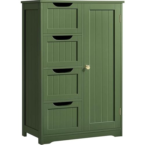 Yaheetech Wooden Bathroom Floor Cabinet, Side Storage Organizer Cabinet with 4 Drawers and 1 Cupboard, Freestanding Entryway Storage Unit Console Table, Bathroom Furniture Home Decor, Green