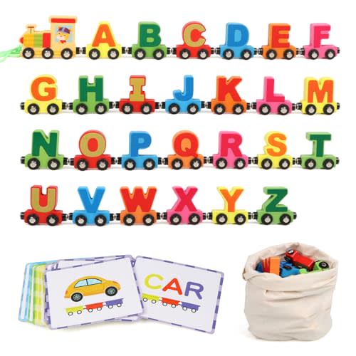 Wondertoys Wooden Alphabet Train Toy 27 PCS Magnetic Alphabet ABC Letter Train Set Includes 42 PCS Flash Cards, 1 Engine and 1 Storage Bag for Toddlers Kids Boys and Girls