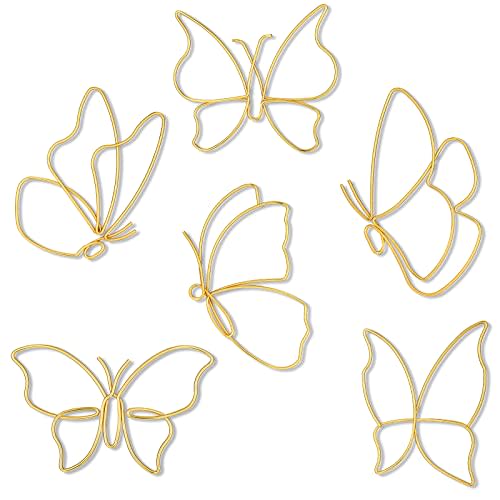 Hotop 6 Pieces Gold Metal Butterfly Wall Decor Wired Butterflies Wall Art | Line Metal Hanging Wall Decorations for Bedroom Living Room Kitchen Bathroom Indoor Wedding Birthday Party