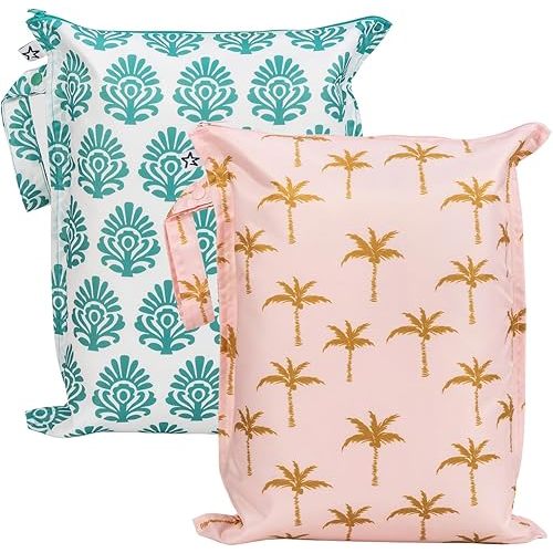 Tiny Twinkle Mess Proof Wet Bags | 2-Pack Reusable Waterproof Wet Bags for Swimsuits | Baby Clothes | Travel & Diaper Bag (Pink Palm, Peacock)