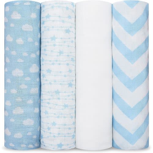 Comfy Cubs Muslin Swaddle Blankets Pack of 4 - 119 x 119 cm, Soft Cotton Baby Blanket Set, Large Swaddling Wraps for Newborns - Self-Soothing Baby Swaddle - Blue