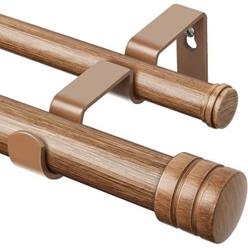 TONIAL 1 Inch Double Curtain Rods for Windows 66 to 120 Inch, Wood Grain