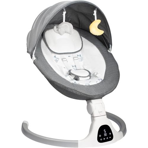 Electric Baby Swing for Infants, 5-Speed Adjustable Swing with Bluetooth Music, Timer, 5-Point Harness and Stable Base for Supervised Daytime Use (Grey)