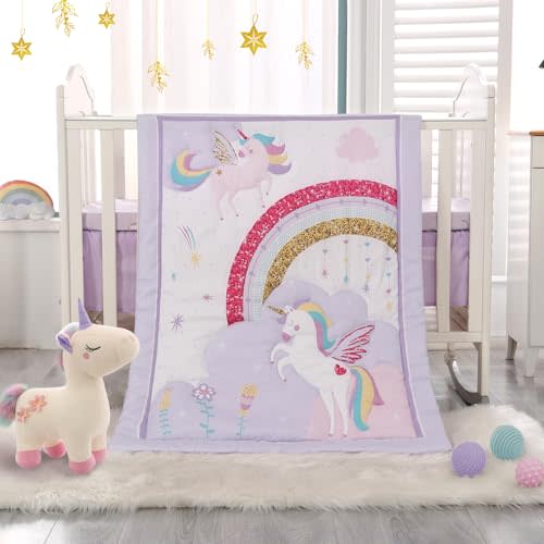Wowelife Mini Girl Crib Bedding Set, 3 Piece Unicorn Mini Crib Comforter Set, Baby Girl Nursery Bedding Set Include Breathable Comforter, Crib Skirt and 38x24 Sheet, Purple