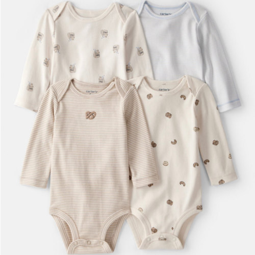 Baby 4-Pack Snack Time Long-Sleeve Multipack Bodysuits - Blue/White/Brown | Carter's