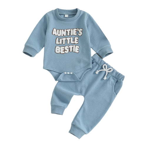 WUANDIXFA Aunties Bestie Baby Clothes Gender Neutral Baby Boy Girl Embroidery Waffle Sweatshirt Bodysuit Romper Pant Fall Outfit (Blue, 3-6 Months)
