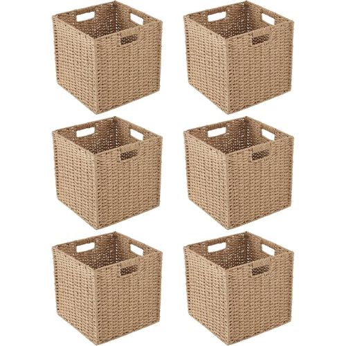 Paper Woven Foldable Storage Baskets 6 Pack, 11 Inch Cube Storage Bins, Handmade Paper Material Collapsible Organizer for Shelves & Home Organization, Ideal for Clothes Books Toys Snacks (Natural)