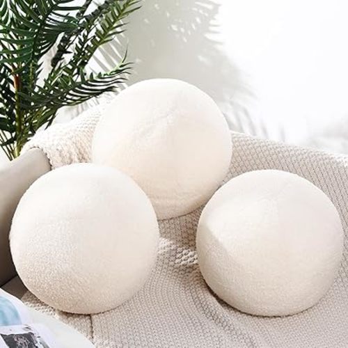 Suzile 3 Pcs Round Ball Pillows Decorative 13.8 Inch Circle Fluffy Plush Throw Pillow Inserts for Bedroom Living Room Couch Bed Home Decoration(White)