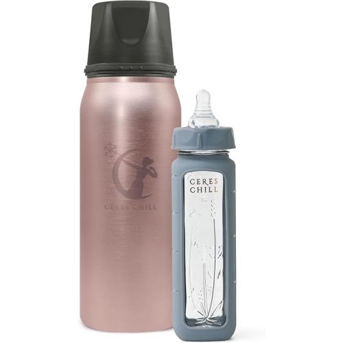 Ceres Chill Breastmilk Chiller/Warmer Bundle, 27oz of Storage, 20 Hour Chill, Comes with Glass Baby Bottle for The Ultimate Bottle Warming Duo (La Vie en Rose Gold Chiller & Gray Bottle)