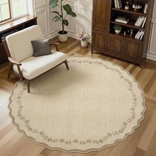 GarveeHome Round Area Rugs 8ft for Living Room, Large Solid Jute Washable Circle Rug Soft Non Slip Forest Animal Print Floor Mat Tan Carpet Indoor Thin Rug for Bedroom Dining Room Playroom Nursery