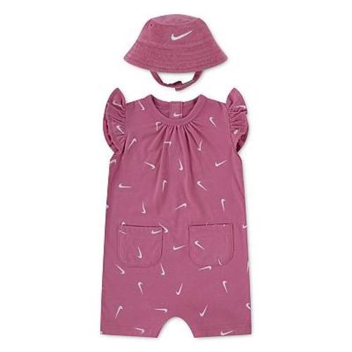 Newborn Baby Girls Nike Swooshfetti Ruffle Sleeve Romper & Bucket Hat 2-Piece Set