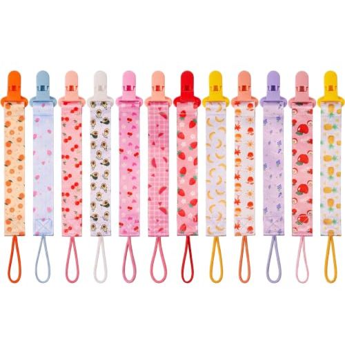 12 Pack Pacifier Clips with Adjustable Strap (32-46.5cm)/Short Strap(25.5cm) - Premium Polyester Baby Pacifier Holder Set, Multi-Design Clips for Boys Girls (Multicolor -Fruit)