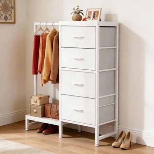 4-Drawer Dresser with Hanging Rack and Open Shelf, Fabric Drawer Wardrobe, 2-in-1 Small Closet for Bedroom, Living Room, Hallway, White