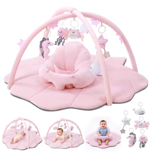 Baby Play Mat & Seat, Tummy Time Mat with 6 Detachable Activity Toys, Baby Gym Playmat & Chair for Babies 0-6-12 Months, Baby Essentials Mat for Floor Newborn Baby Gift(Baby Pink)