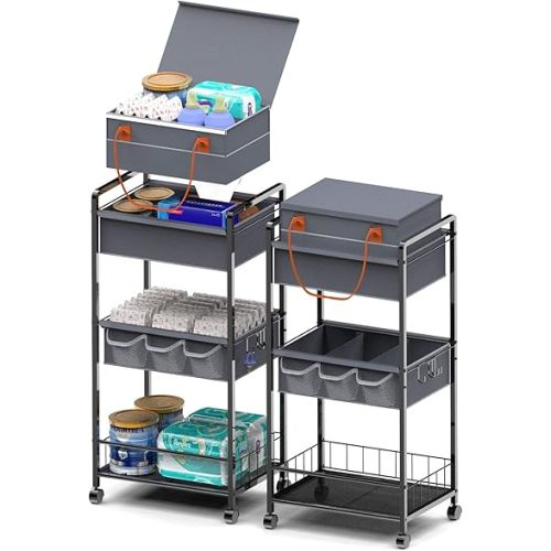 2In1 Baby Diaper Caddy-3 Tier Metal Rolling Utility Cart Detachable Bedside Cart, With Dividers & Removable Diaper Caddy for Car Organizer and Nursery Storage Bin, Bedroom, Changing Table & Crib
