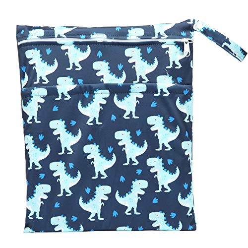 Sigzagor Wet Bag Baby Cloth Diaper Nappy Insert Bag Reusable With Two Zippered Pockets (Blue Dinosaurs Stomp)