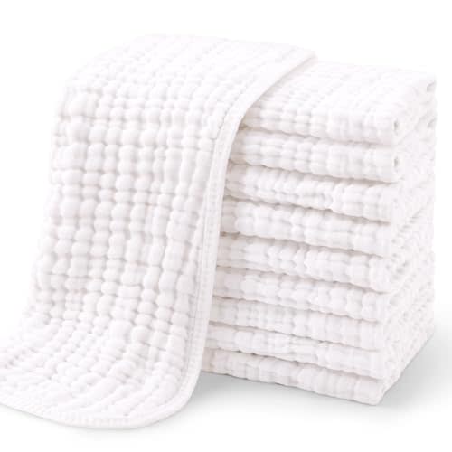 Yoofoss Muslin Burp Cloths for Baby 10 Pack 100% Organic Cotton Baby Washcloths for Boys Girls Large 20''X10'' Super Soft and Absorbent White
