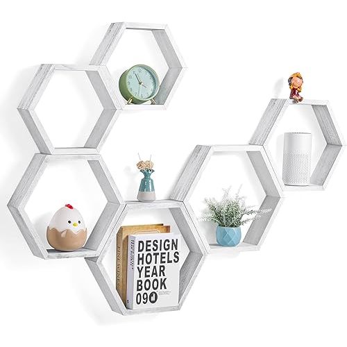YBING Hexagon Floating Shelves Wall Mounted Set of 6 Honeycomb Shelves Wood Hexagonal Storage Hanging Shelves Farmhouse Wall Decor Floating Shelves for Bedroom Living Room Grey-White
