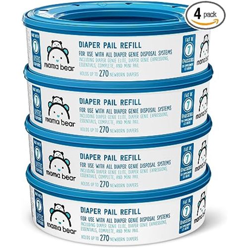 Amazon Brand - Mama Bear Diaper Pail Refills for Diaper Genie Pails, Unscented, 1080 Count (4 Packs of 270 Count)