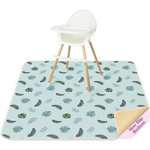 Basumee Splat Mat High Chair Mat Waterproof Baby Play Splat Mat for Under High Chair Food Catcher Highchair Mat for Floor Non Slip Bottom, Blue Leaves, 51x51 Inches