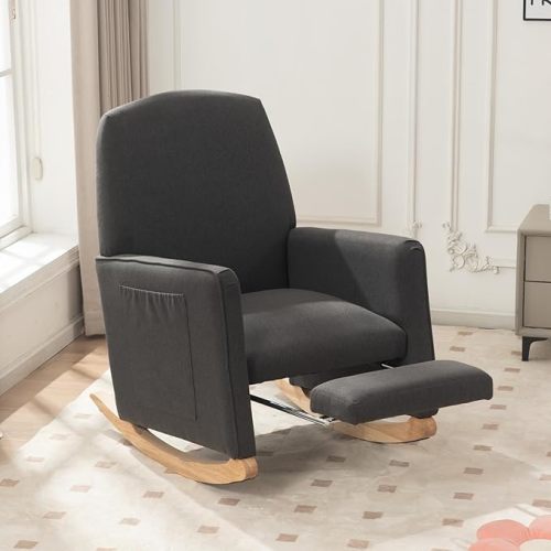 FOXHUNTER Rocking Chair Nursery with Adjustable Footrest and High Backrest, Upholstered Glider Chairs with Side Pockets for Nursery, Rocker Armchair Indoor for Living Room,Green